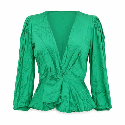 Zara Women Green S Wrap Blouse V-Neck Puff Long Sleeve Viscose