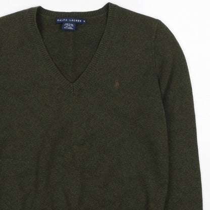 Ralph Lauren Women Green M Cashmere Wool V-Neck Logo Pullover Jumper