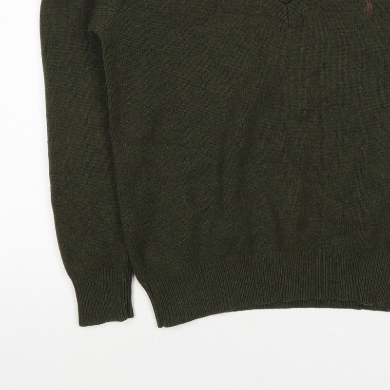 Ralph Lauren Women Green M Cashmere Wool V-Neck Logo Pullover Jumper