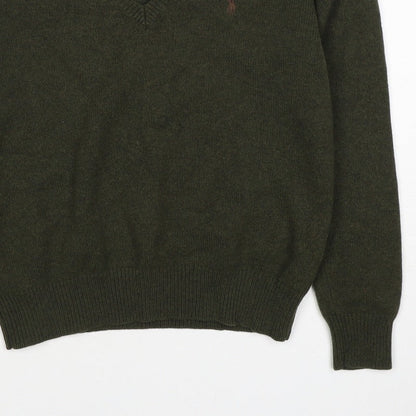 Ralph Lauren Women Green M Cashmere Wool V-Neck Logo Pullover Jumper