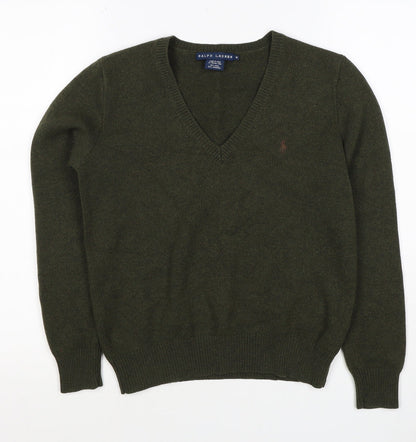 Ralph Lauren Women Green M Cashmere Wool V-Neck Logo Pullover Jumper
