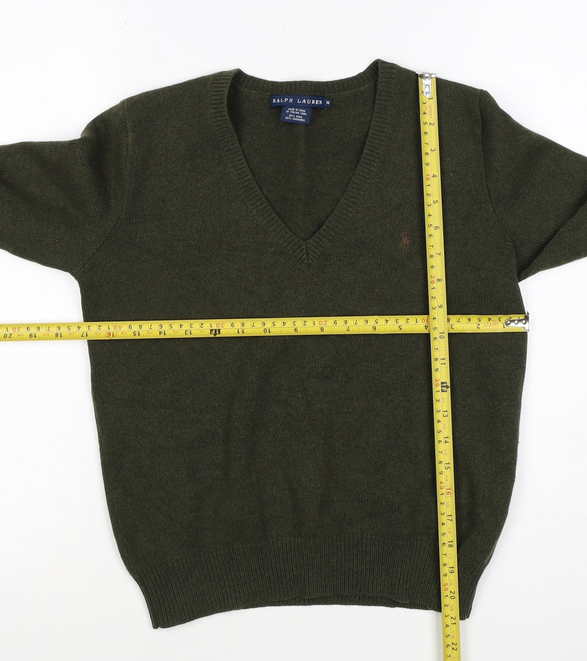 Ralph Lauren Women Green M Cashmere Wool V-Neck Logo Pullover Jumper