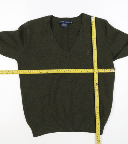 Ralph Lauren Women Green M Cashmere Wool V-Neck Logo Pullover Jumper