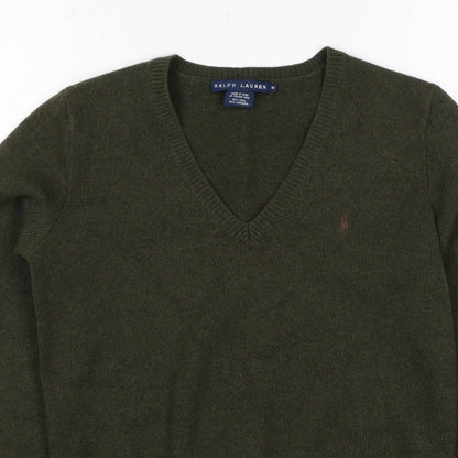 Ralph Lauren Women Green M Cashmere Wool V-Neck Logo Pullover Jumper