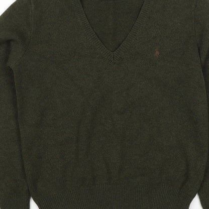 Ralph Lauren Women Green M Cashmere Wool V-Neck Logo Pullover Jumper