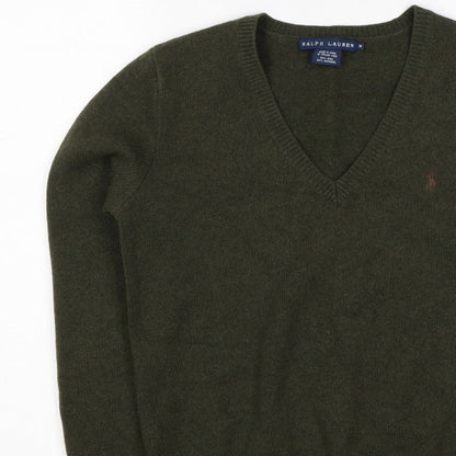 Ralph Lauren Women Green M Cashmere Wool V-Neck Logo Pullover Jumper