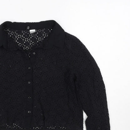 Comma Women Black UK 12 Cropped Lace Collared Button-Up Blouse