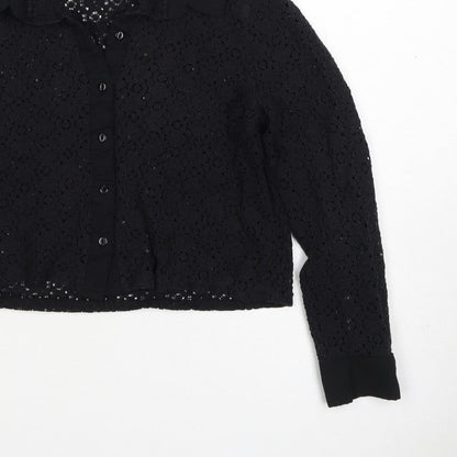 Comma Women Black UK 12 Cropped Lace Collared Button-Up Blouse