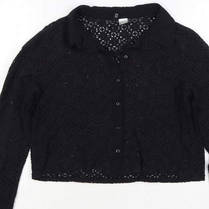 Comma Women Black UK 12 Cropped Lace Collared Button-Up Blouse