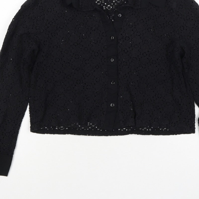 Comma Women Black UK 12 Cropped Lace Collared Button-Up Blouse