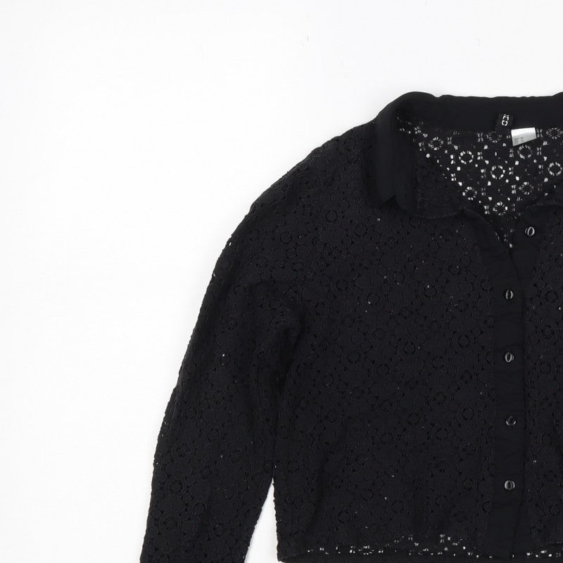 Comma Women Black UK 12 Cropped Lace Collared Button-Up Blouse