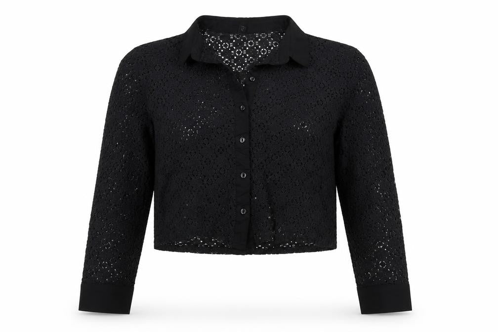 Comma Women Black UK 12 Cropped Lace Collared Button-Up Blouse