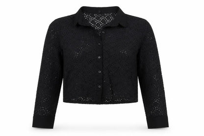 Comma Women Black UK 12 Cropped Lace Collared Button-Up Blouse