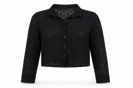 Comma Women Black UK 12 Cropped Lace Collared Button-Up Blouse