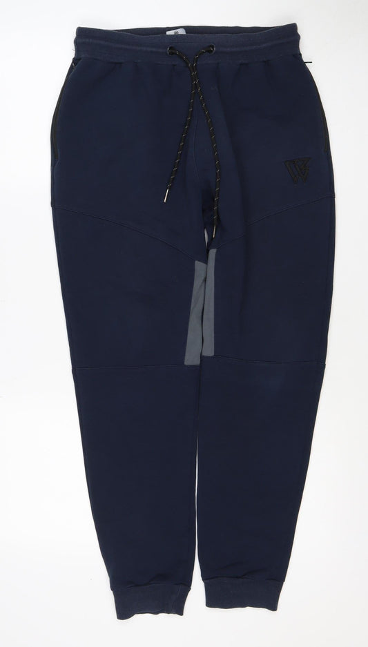 Back view of W men’s blue m jogger track pants drawstring reflective zip pockets