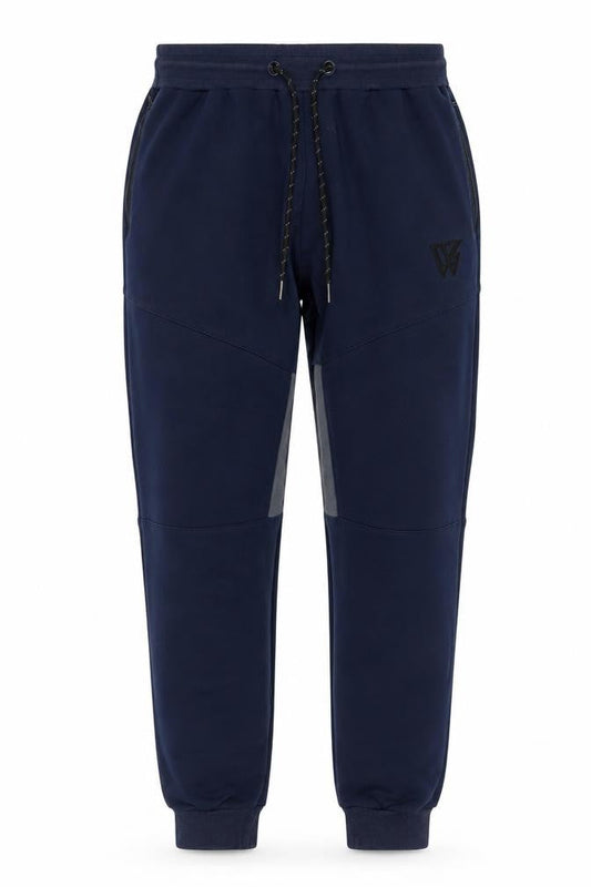 Front view of W men’s blue m jogger track pants drawstring reflective zip pockets