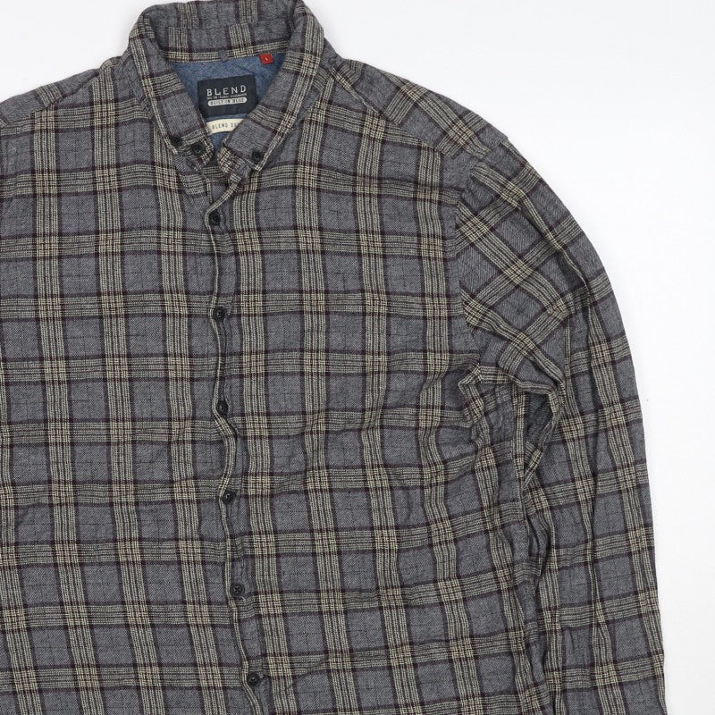 Blend Denim Men’s Grey Plaid Cotton Flannel Button-Down Shirt Size L