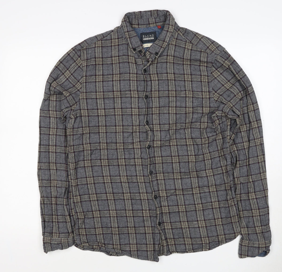 Blend Denim Men’s Grey Plaid Cotton Flannel Button-Down Shirt Size L