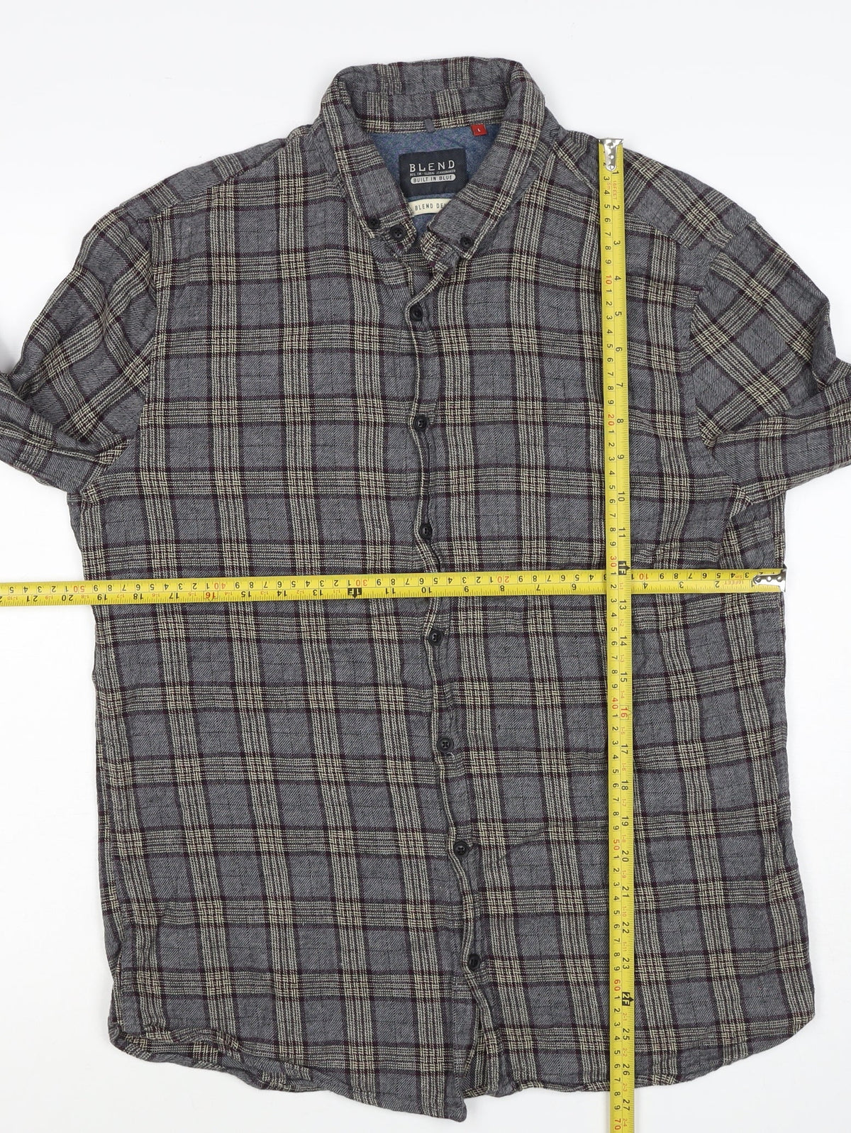 Blend Denim Men’s Grey Plaid Cotton Flannel Button-Down Shirt Size L