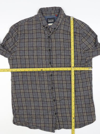 Blend Denim Men’s Grey Plaid Cotton Flannel Button-Down Shirt Size L