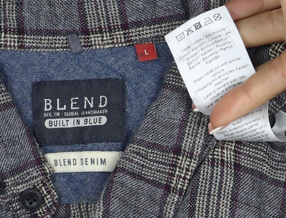 Blend Denim Men’s Grey Plaid Cotton Flannel Button-Down Shirt Size L
