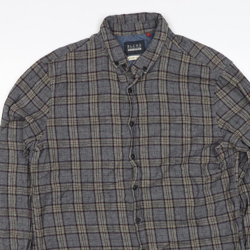 Blend Denim Men’s Grey Plaid Cotton Flannel Button-Down Shirt Size L