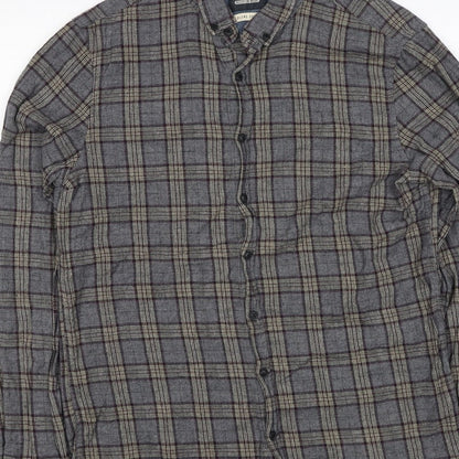 Blend Denim Men’s Grey Plaid Cotton Flannel Button-Down Shirt Size L