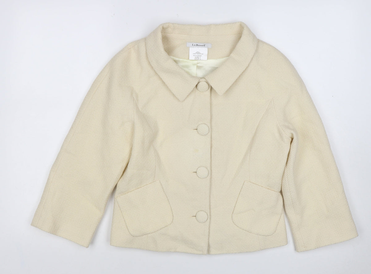 L.K. Bennett Women Ivory UK 10 Wool Blazer Short 4 Button Lined