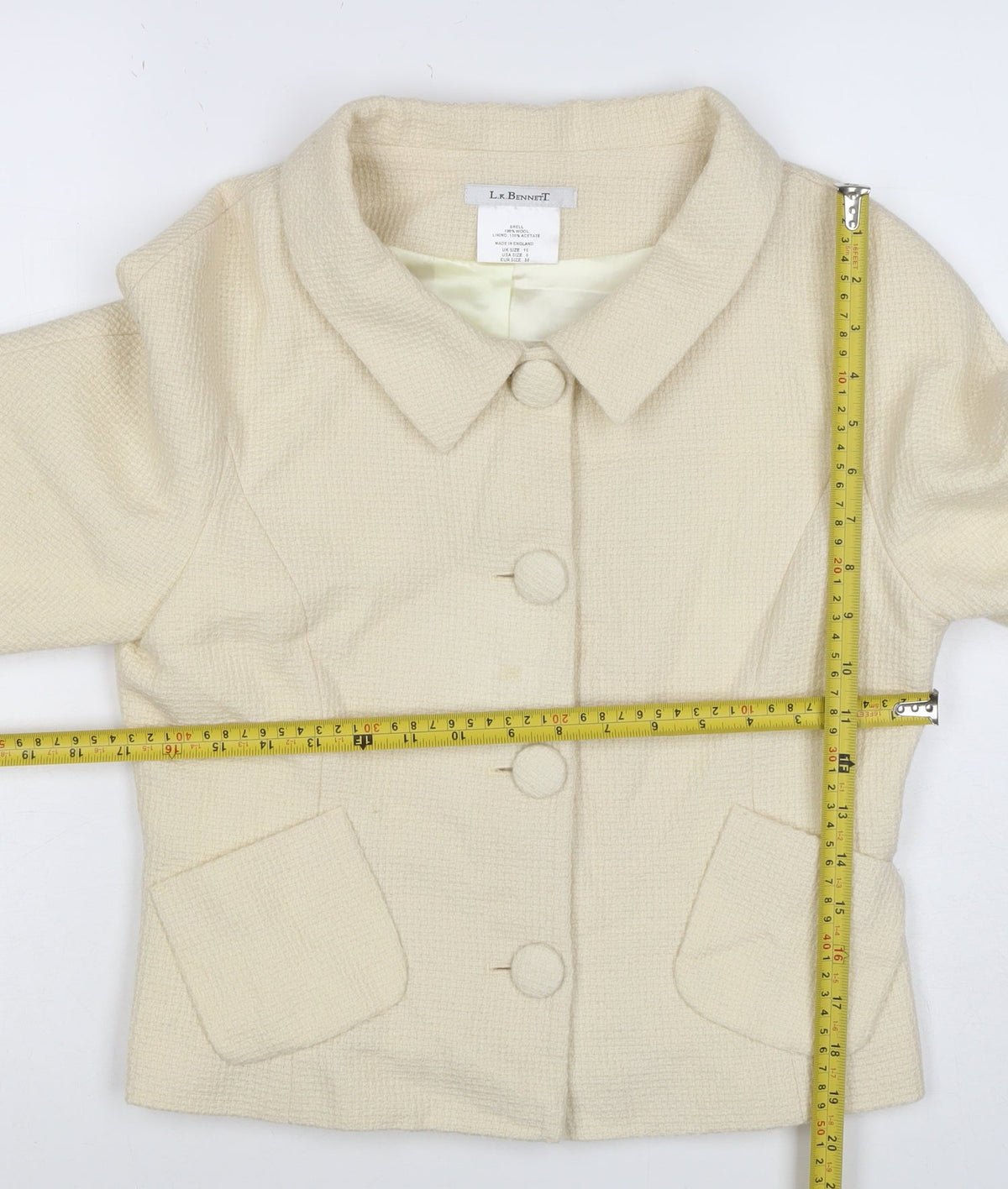 L.K. Bennett Women Ivory UK 10 Wool Blazer Short 4 Button Lined
