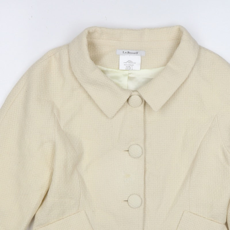 L.K. Bennett Women Ivory UK 10 Wool Blazer Short 4 Button Lined
