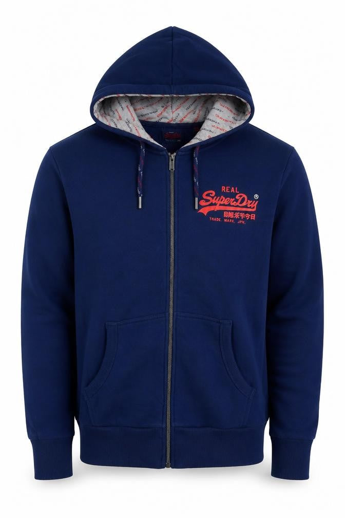 Superdry Men's Blue XL Full Zip Hooded Logo Fleece Hoodie