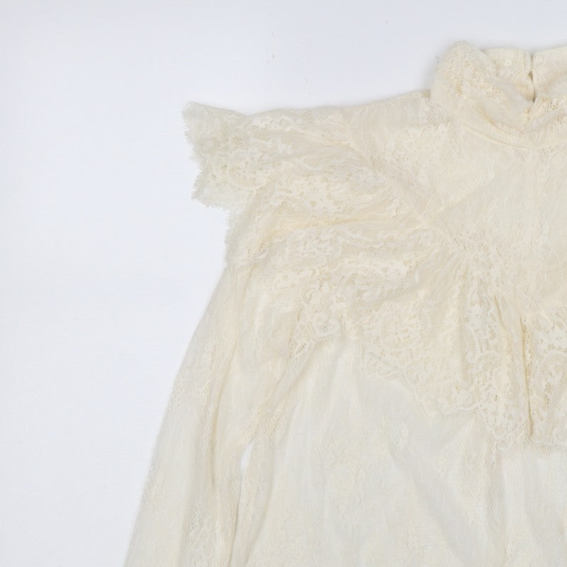Marks & Spencer Women Ivory UK 10 Ruffle Lace High Neck Long Sleeve Blouse