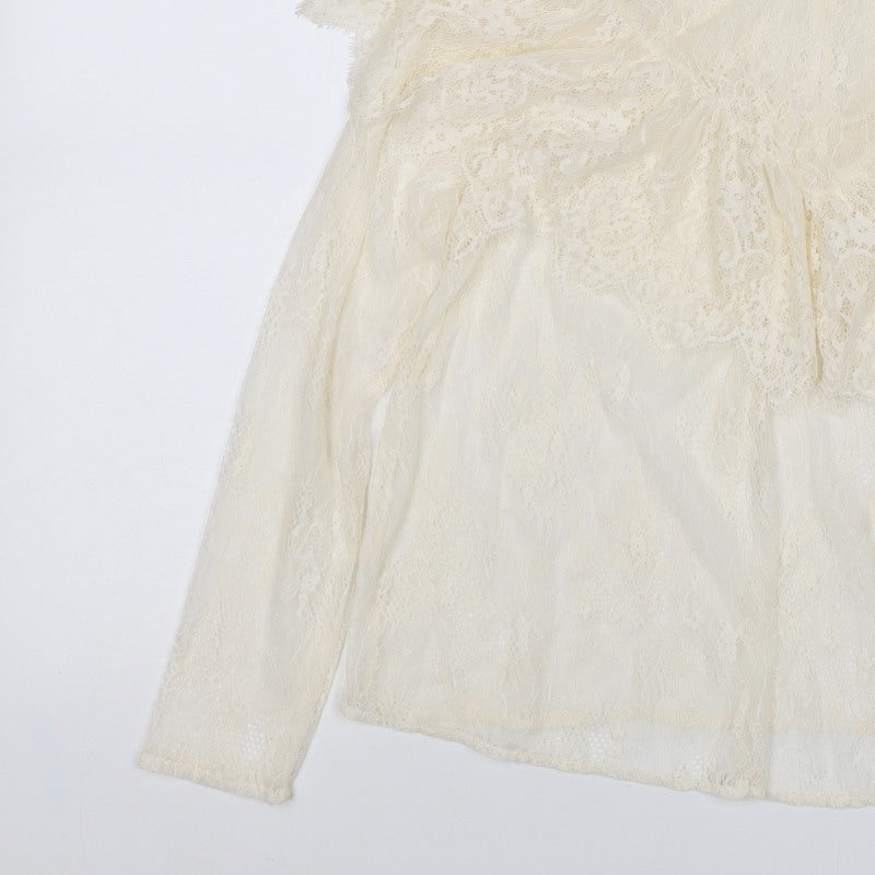 Marks & Spencer Women Ivory UK 10 Ruffle Lace High Neck Long Sleeve Blouse