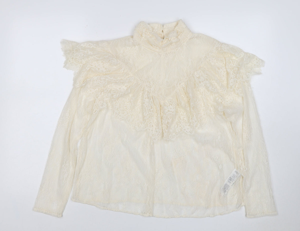 Marks & Spencer Women Ivory UK 10 Ruffle Lace High Neck Long Sleeve Blouse