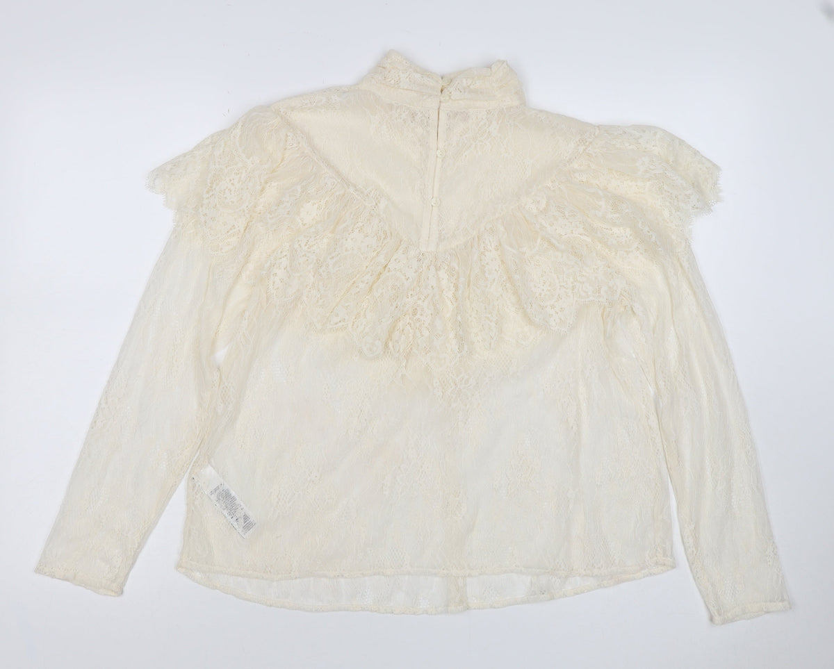 Marks & Spencer Women Ivory UK 10 Ruffle Lace High Neck Long Sleeve Blouse