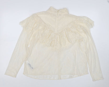 Marks & Spencer Women Ivory UK 10 Ruffle Lace High Neck Long Sleeve Blouse