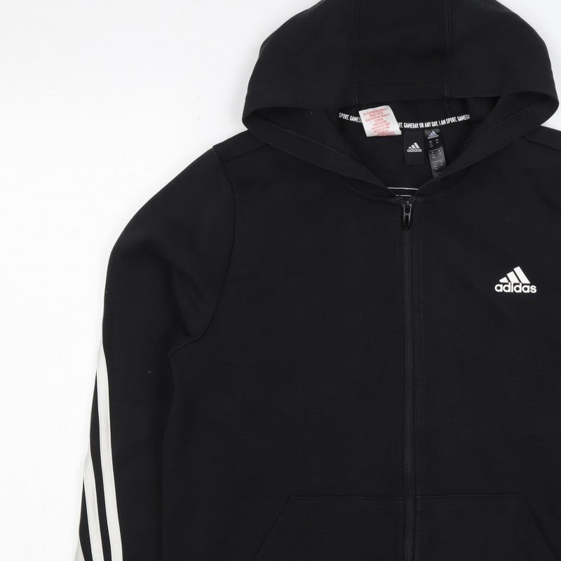 Adidas Boys Black 15-16 Years Full Zip Hoodie 3 Stripe Cotton Blend