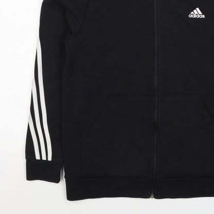 Adidas Boys Black 15-16 Years Full Zip Hoodie 3 Stripe Cotton Blend
