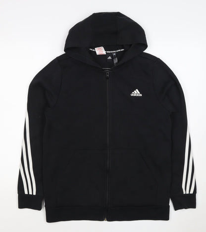 Adidas Boys Black 15-16 Years Full Zip Hoodie 3 Stripe Cotton Blend
