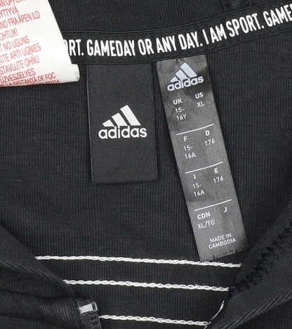 Adidas Boys Black 15-16 Years Full Zip Hoodie 3 Stripe Cotton Blend