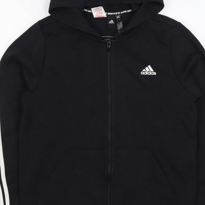 Adidas Boys Black 15-16 Years Full Zip Hoodie 3 Stripe Cotton Blend