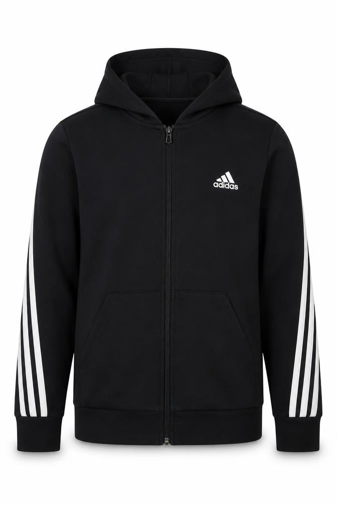 Adidas Boys Black 15-16 Years Full Zip Hoodie 3 Stripe Cotton Blend