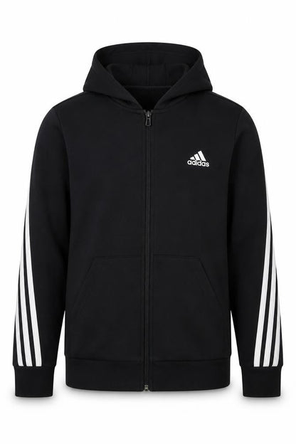 Adidas Boys Black 15-16 Years Full Zip Hoodie 3 Stripe Cotton Blend