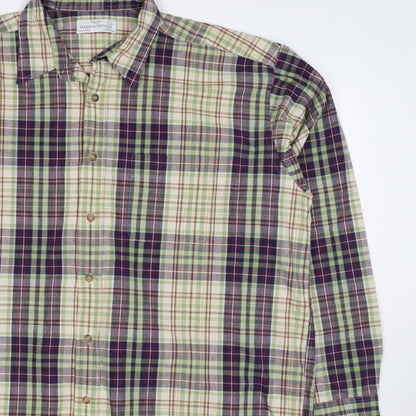 Marks & Spencer Men Green Plaid Cotton XL Long Sleeve Button-Up Shirt