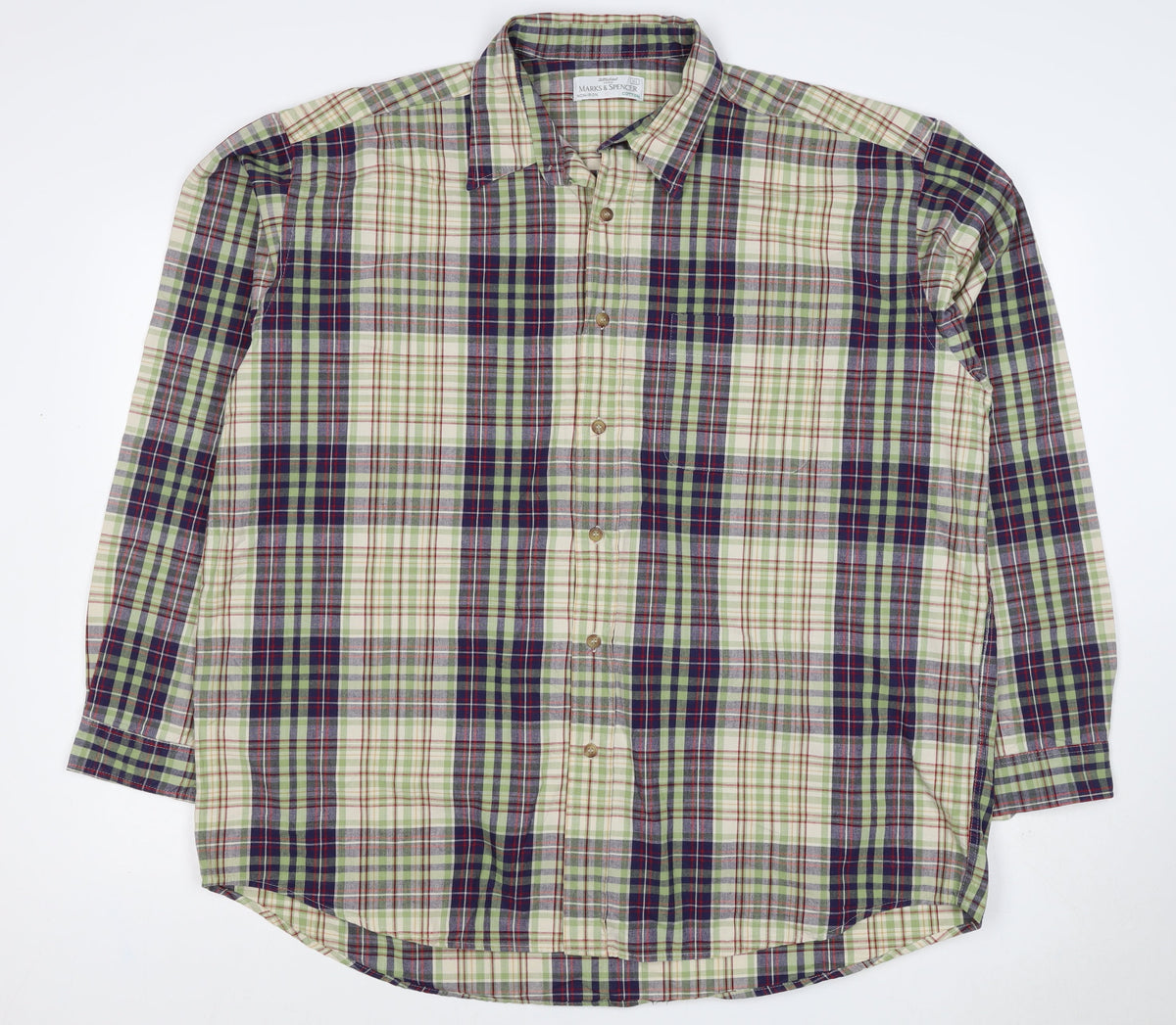 Marks & Spencer Men Green Plaid Cotton XL Long Sleeve Button-Up Shirt