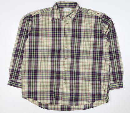 Marks & Spencer Men Green Plaid Cotton XL Long Sleeve Button-Up Shirt