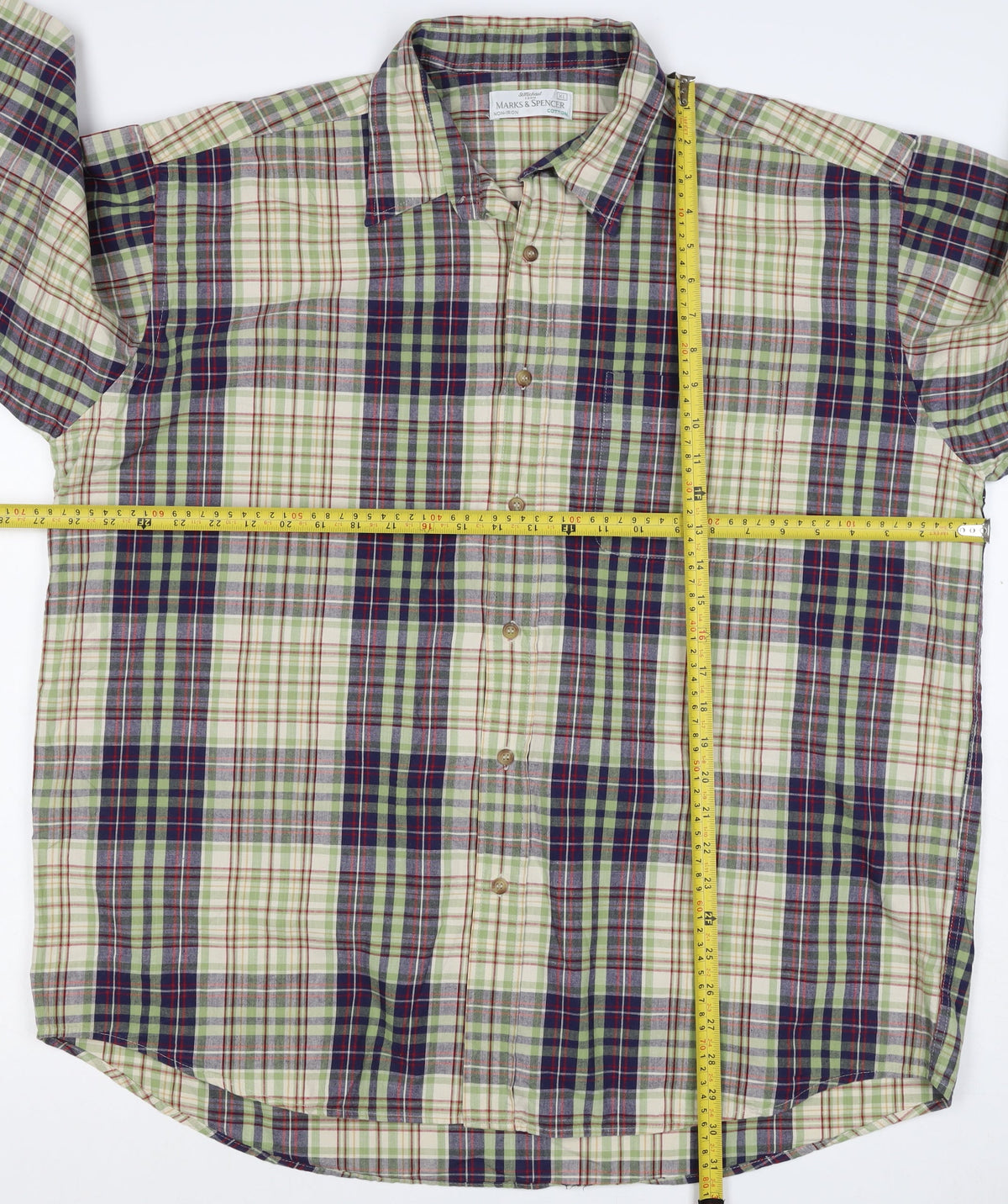 Marks & Spencer Men Green Plaid Cotton XL Long Sleeve Button-Up Shirt