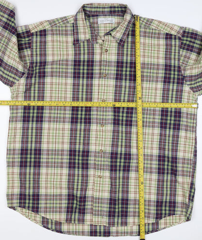 Marks & Spencer Men Green Plaid Cotton XL Long Sleeve Button-Up Shirt