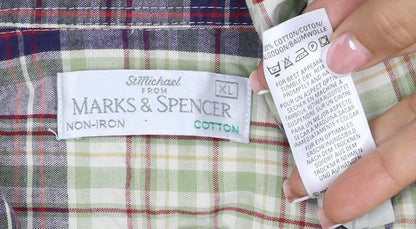 Marks & Spencer Men Green Plaid Cotton XL Long Sleeve Button-Up Shirt