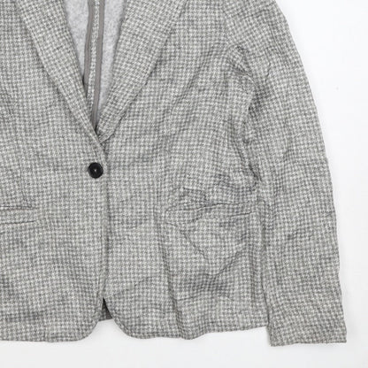 Lands' End Women Grey Houndstooth UK L One Button Blazer Jacket